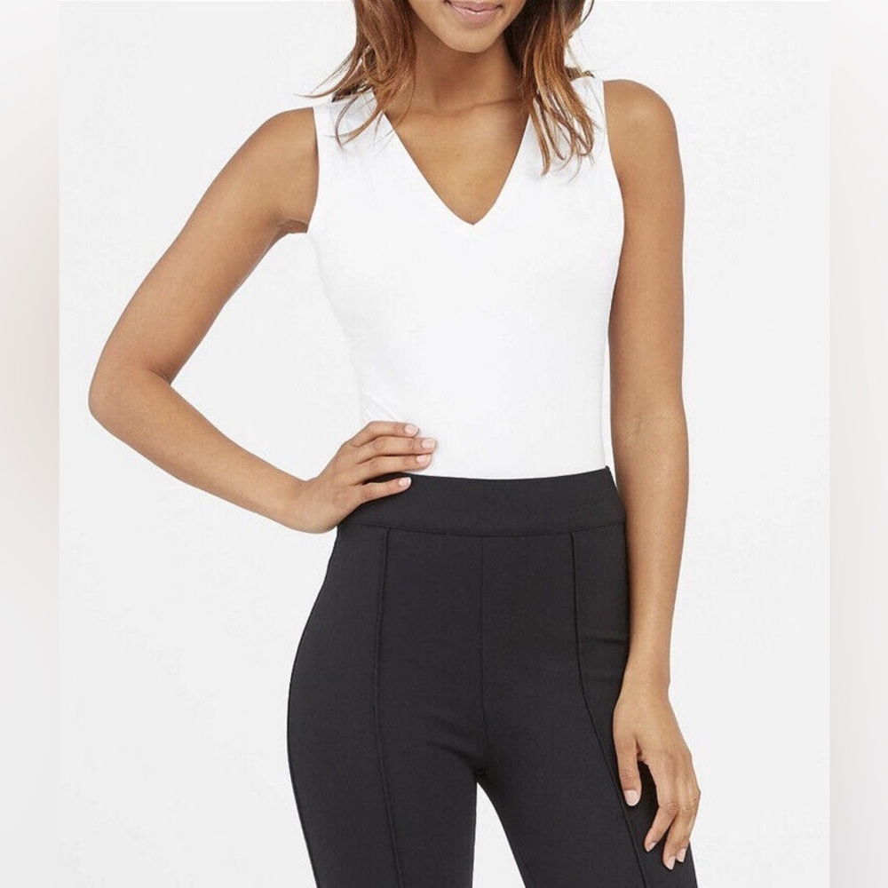SPANX Suit Yourself V-Neck White Stretch Jersey Double Knit Bodysuit Small